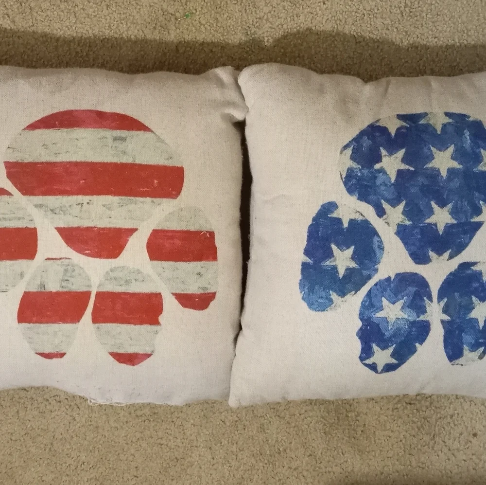 2 Red, White and Blue Dog Paw Trow Pillows